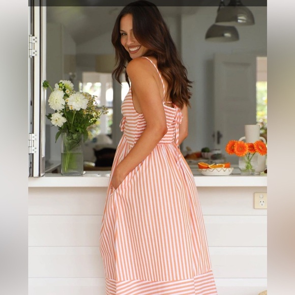 Toperth orange stipe striped tie front midi dress size L new - Picture 3 of 7